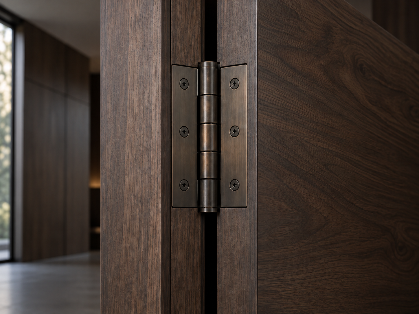 Concept of a dark metal architectural hinge integrated into smoked-walnut joinery