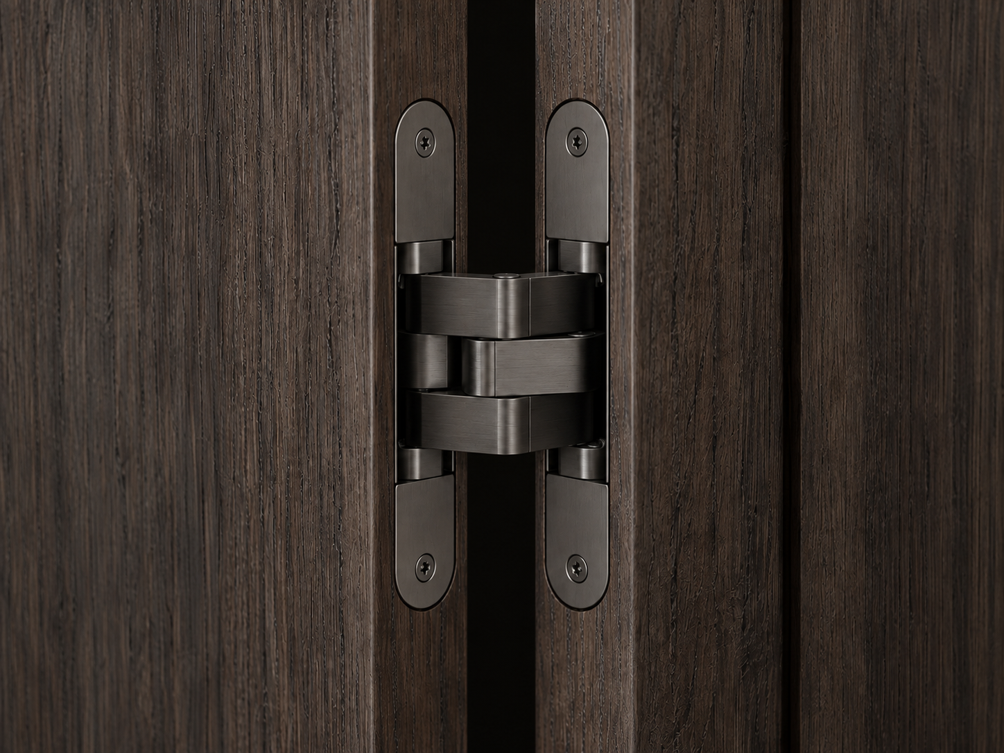 Concept of a concealed multi-link hinge mortised into a substantial smoked-walnut door