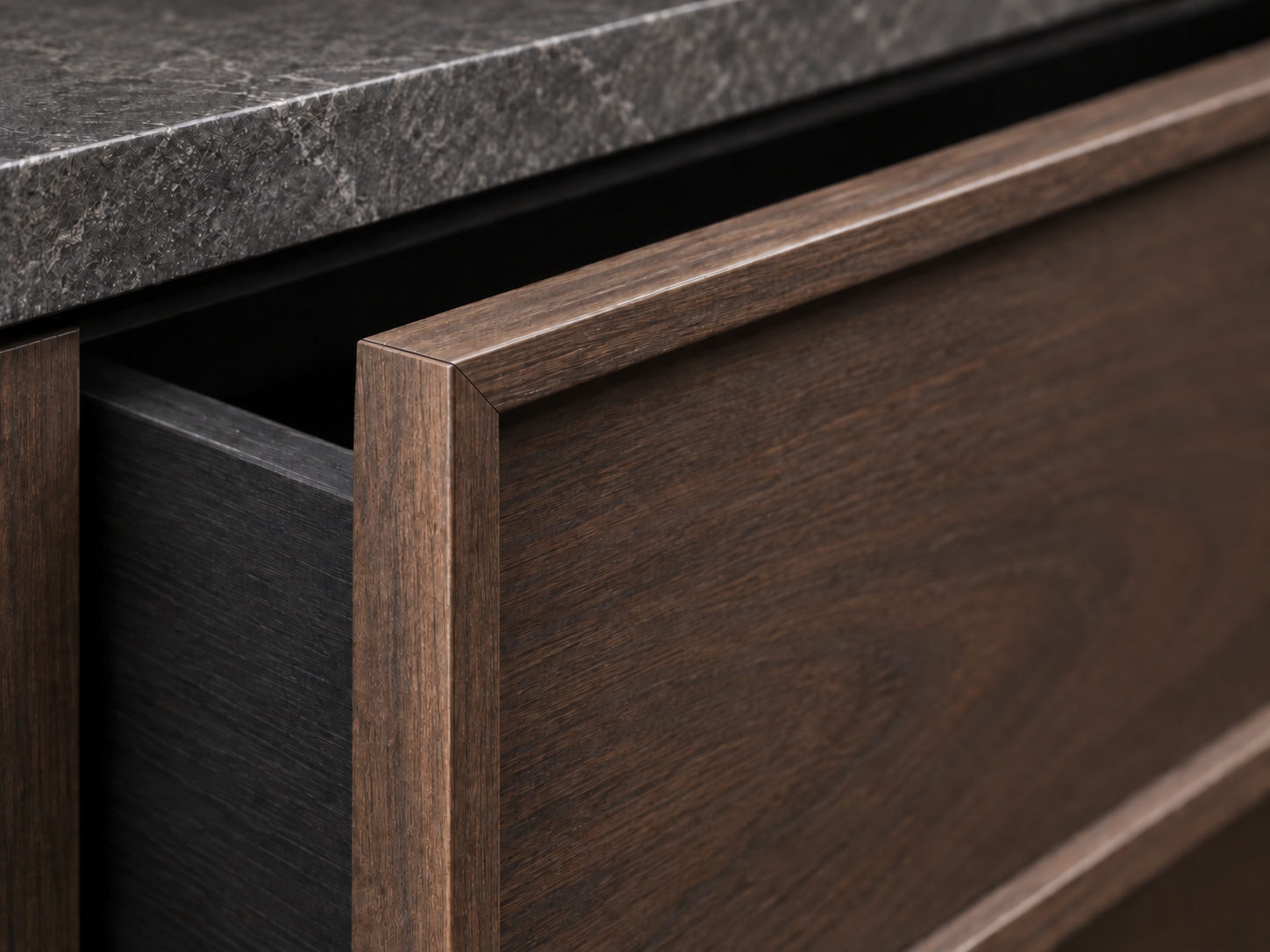 Illustrative walnut frame showing grain, a recessed panel and a carefully joined corner
