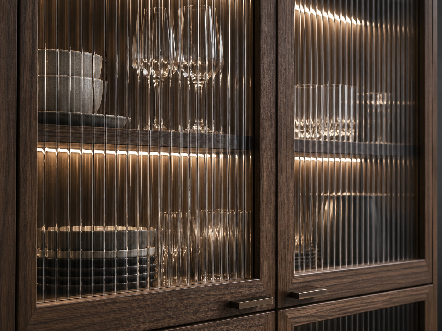 Fluted glass cabinet doors with smoked-walnut frames and softly illuminated shelves