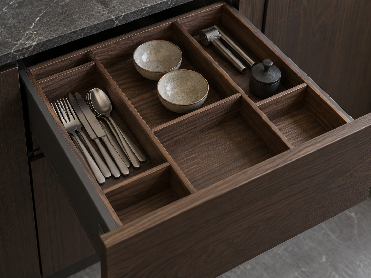 Angled close-up of an open walnut storage drawer with fitted timber compartments