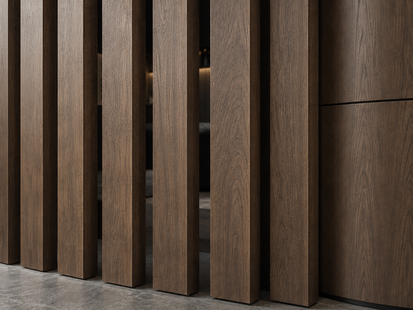 Smoked-walnut timber screen with defined vertical profiles, even spacing and recessed shadow lines