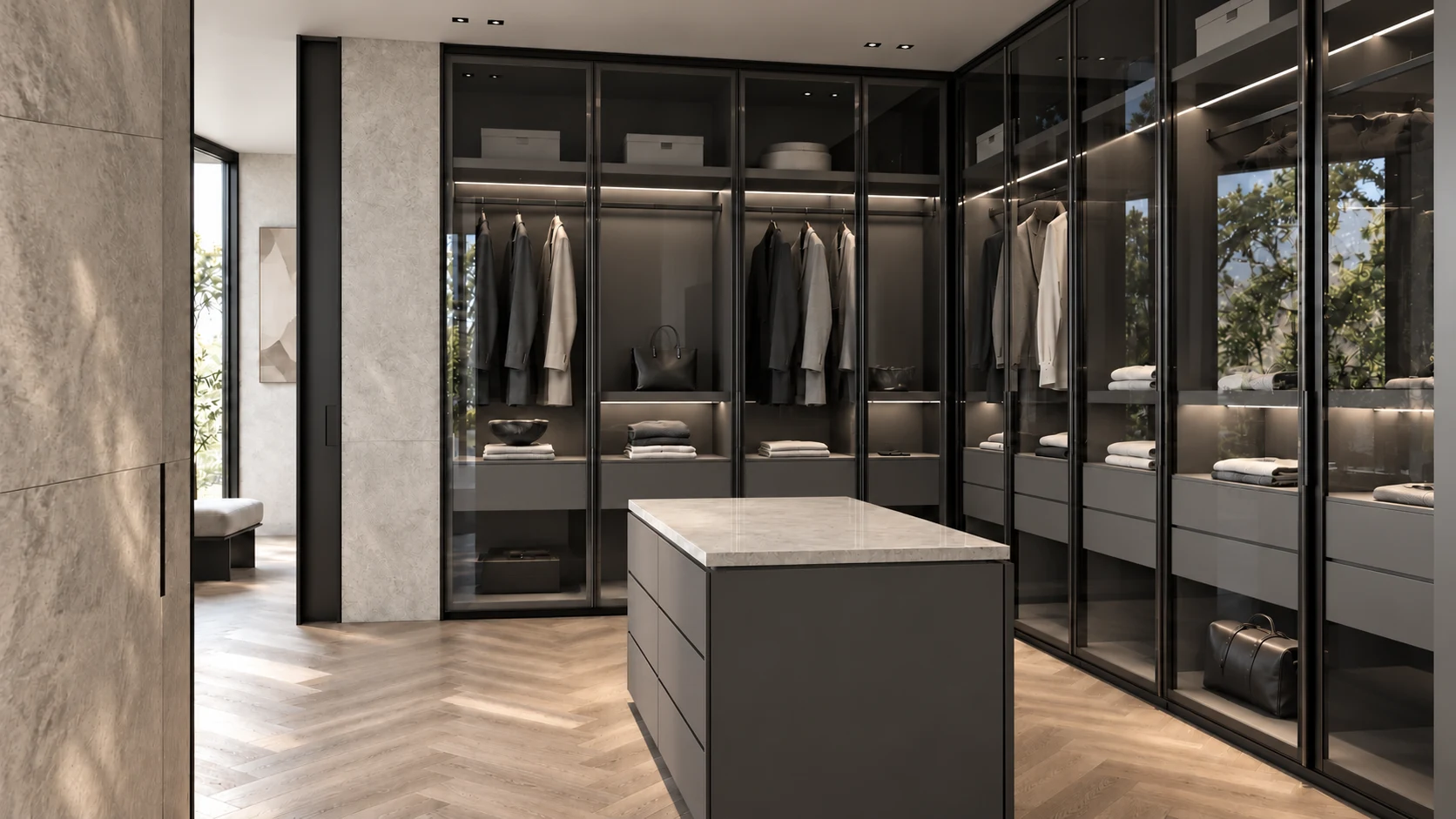 Interior concept: Charcoal matte cabinetry, smoked glass and slim dark metal frames.