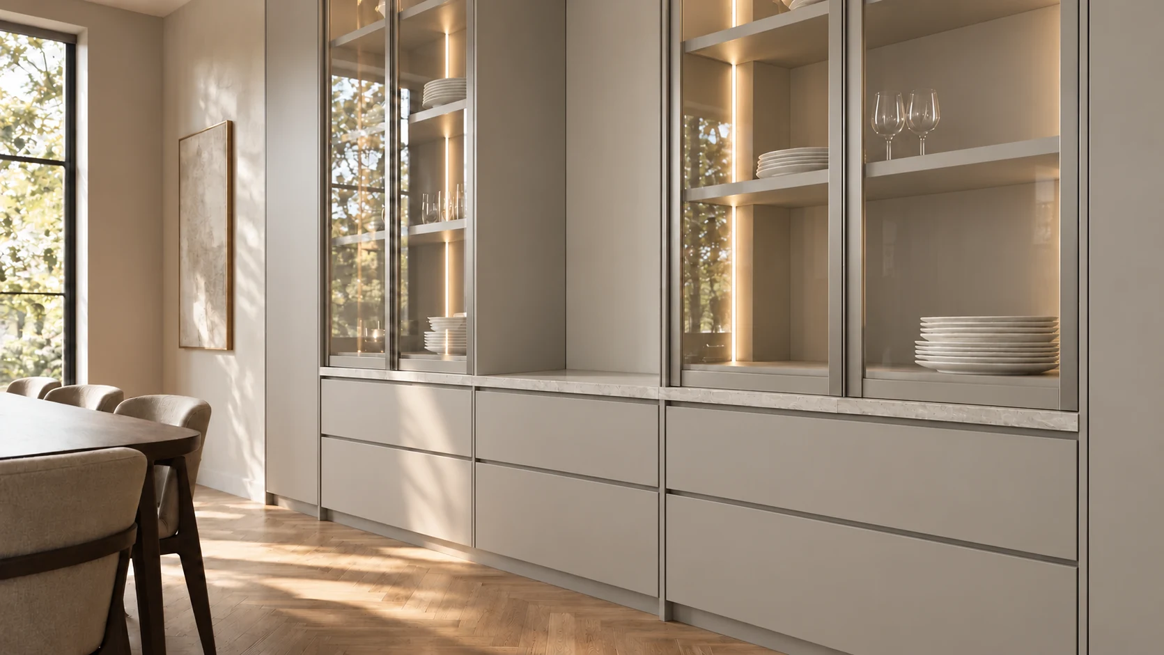 Interior concept: Warm-grey satin cabinetry with glass display doors and metal detailing.