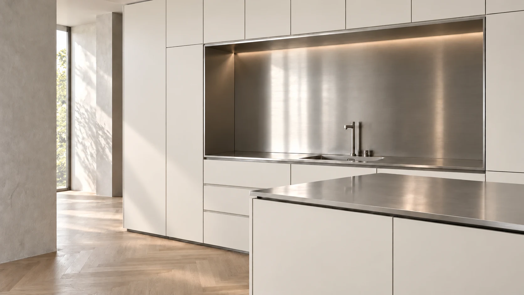 Interior concept: Off-white satin cabinetry paired with a brushed stainless-steel niche.