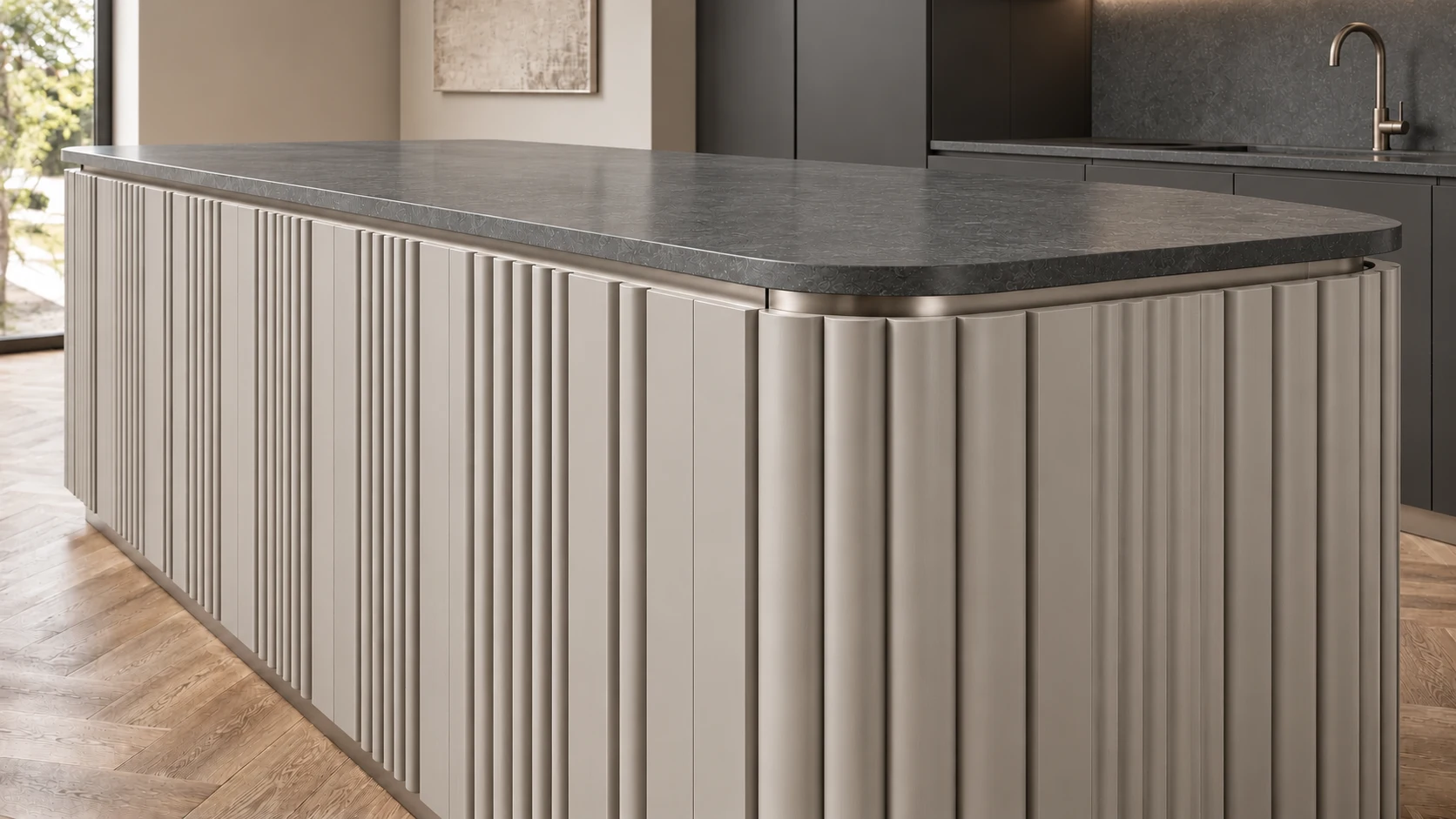 Interior concept: Sculpted pale-grey satin island cabinetry beneath a charcoal stone top.